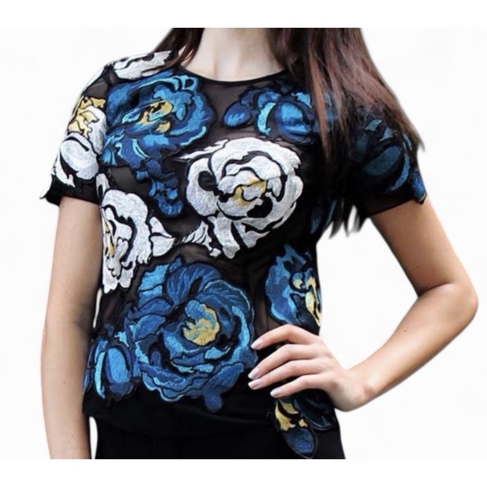 Carlisle Embroidered Flower Evening Formal Short Sleeve Blouse Black Blue 4